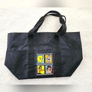 WB Looney Tunes Black Zippered Tote Bag Bugs Bunny, Tweety, Taz and Donald‎ Duck